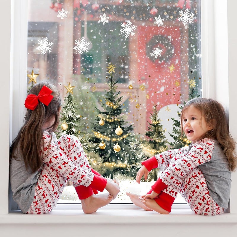 Whaline 9 Sheets Christmas Window Clings Window Decals Watercolor Xmas Tree Ball Winter Forest Reusable Anti-Collision PVC Stickers for Holiday Home Glass Mirror Decor - Image 2